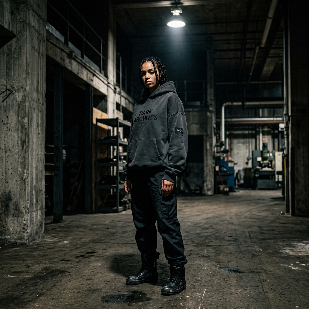 Ultra photo-realistic luxury streetwear model wearing dark oversized hoodie