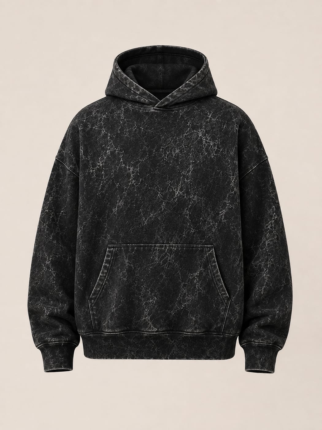 Black 450 GSM oversized acid wash hoodie laid flat, front view, with kangaroo pocket and ribbed hem