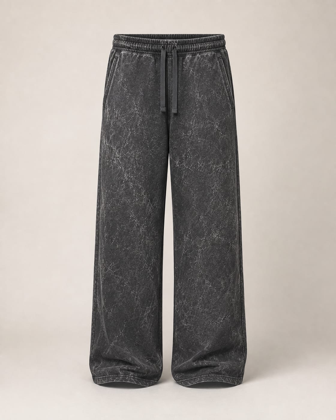 Charcoal 400 GSM acid wash wide-leg sweatpant laid flat, front view, with drawcord waist