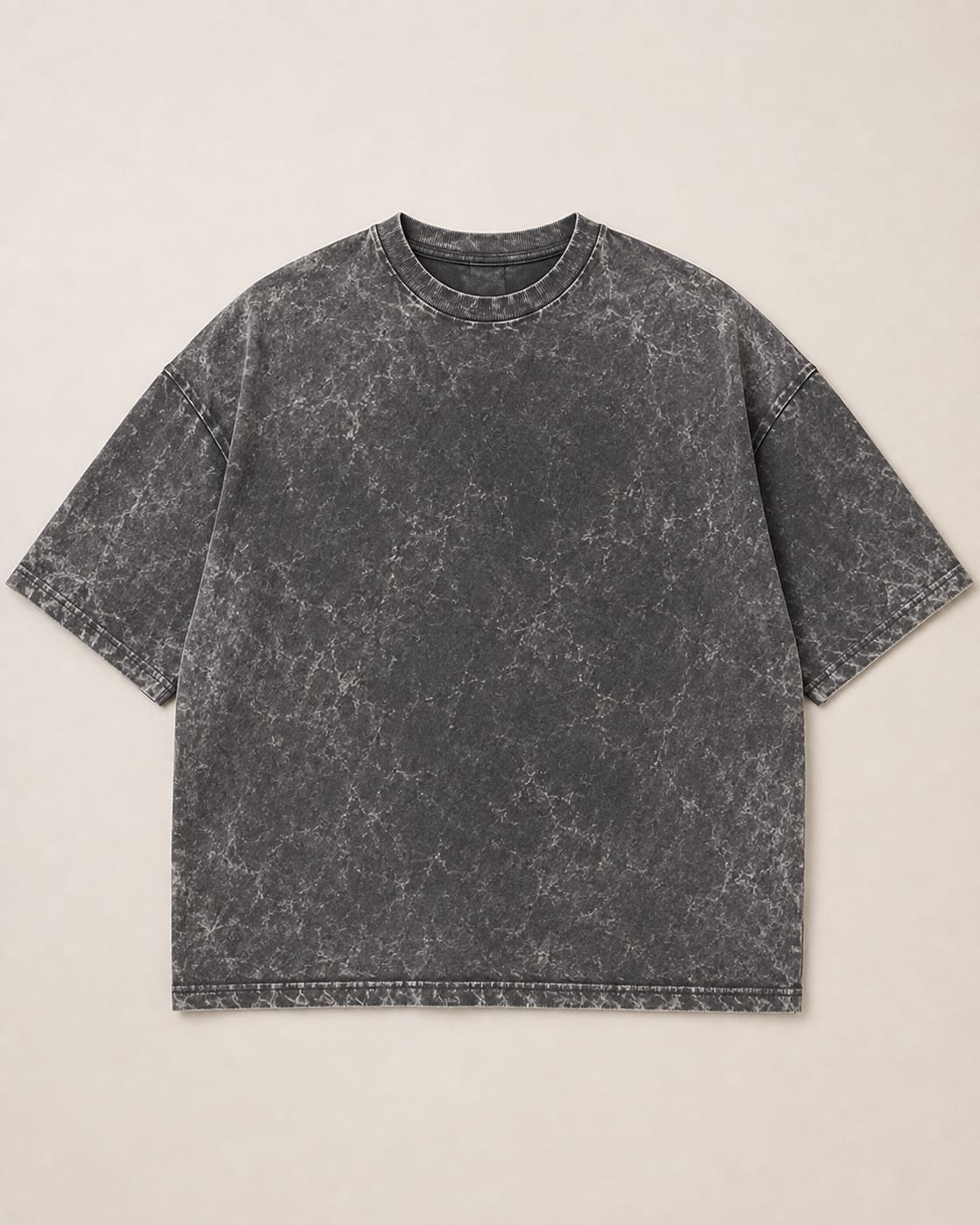 Mid-grey 240 GSM boxy drop-shoulder acid wash t-shirt laid flat in a lighter wash intensity