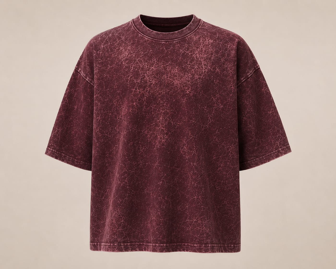 Burgundy 300 GSM heavyweight acid wash t-shirt laid flat, front view, in a PP-free vintage wash