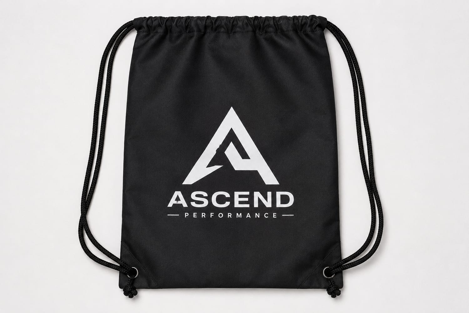 Black drawstring gym bag with printed logo