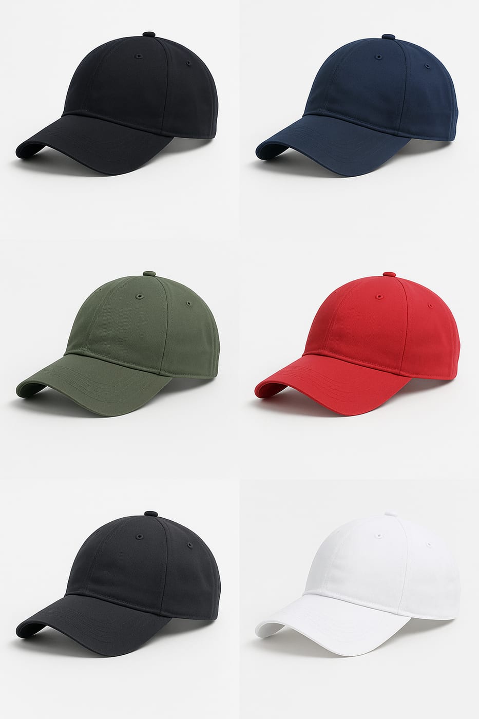 Khaki cap from six angles, including the adjustable strap-back