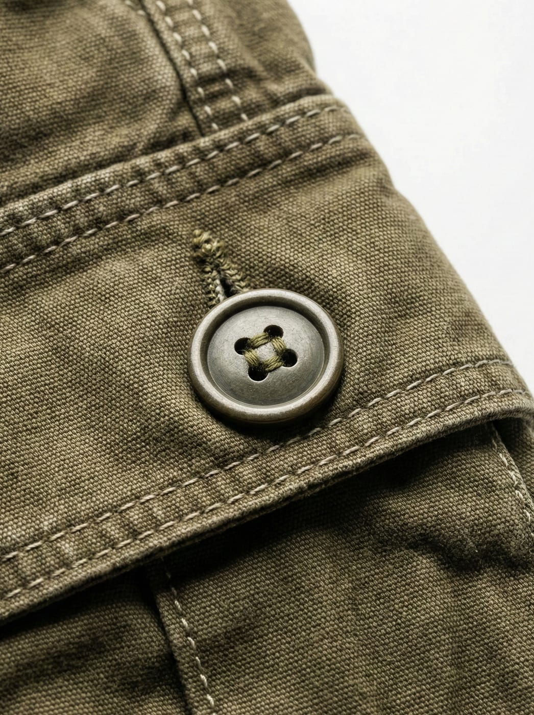 Close-up of a cargo pocket flap, button, and topstitching