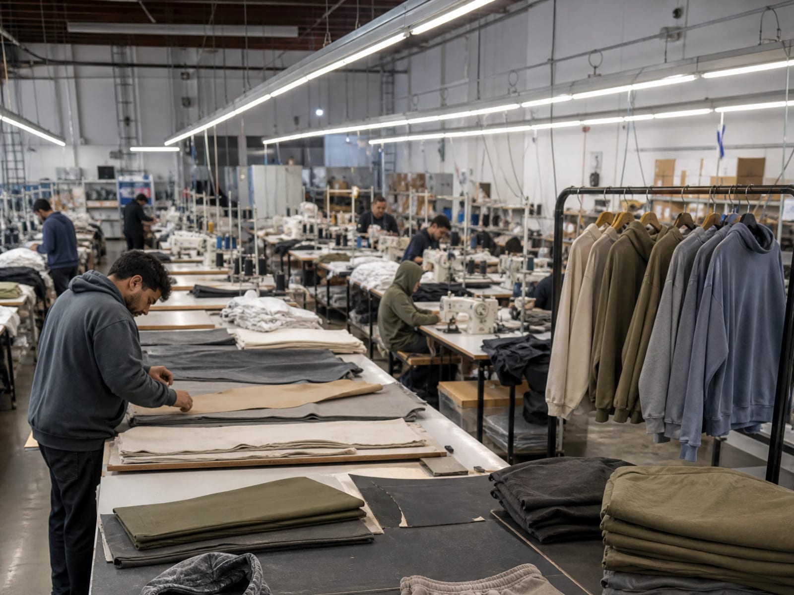 A wide production floor with cutting tables and finished garments on rails