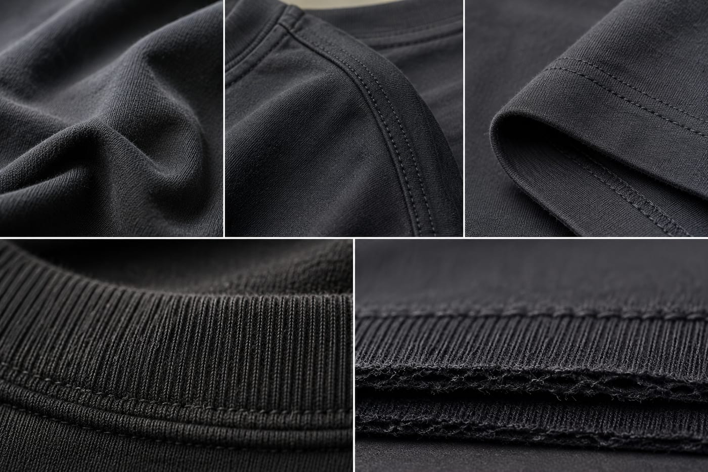 Close-up of dark knit fabric, ribbing, and stitch construction