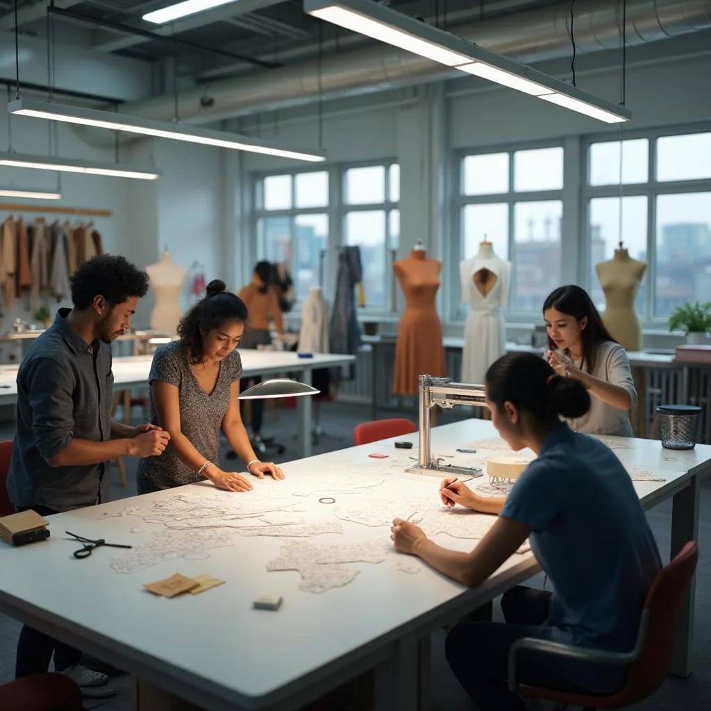 Merchandiser reviewing garment specifications at a factory desk