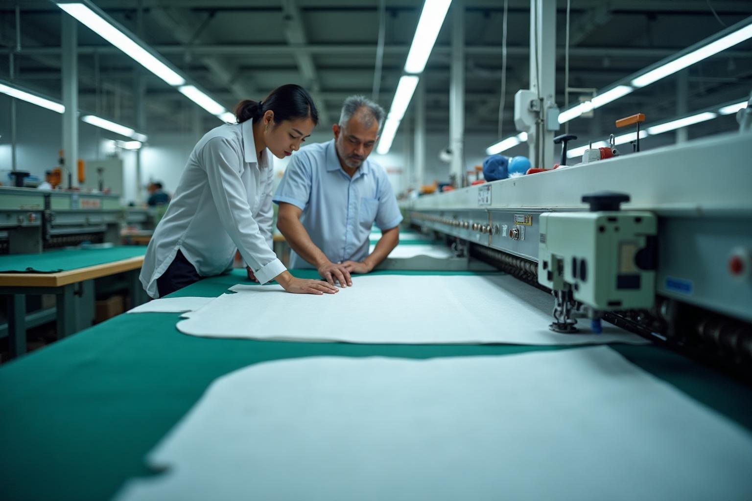 Fabric being prepared for garment production on a factory table
