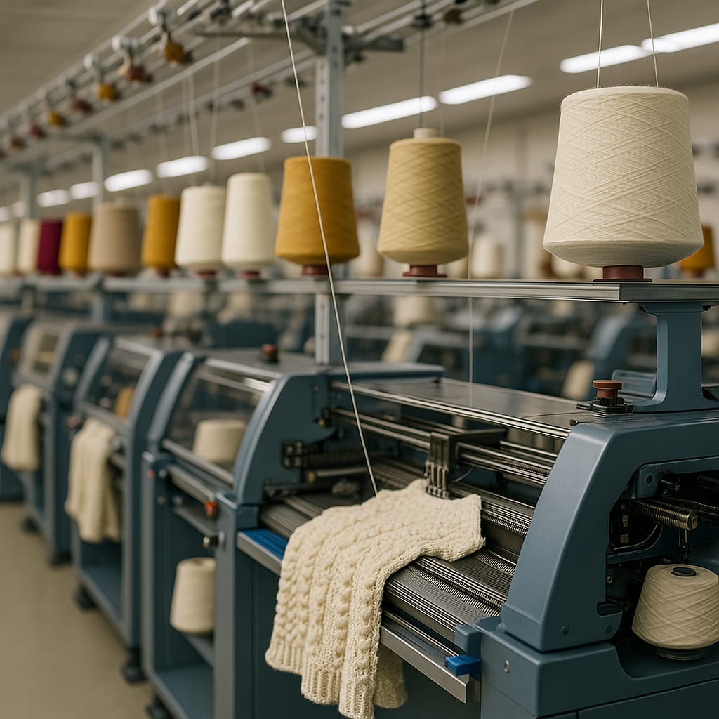 Circular knitting machine producing fabric from raw yarn