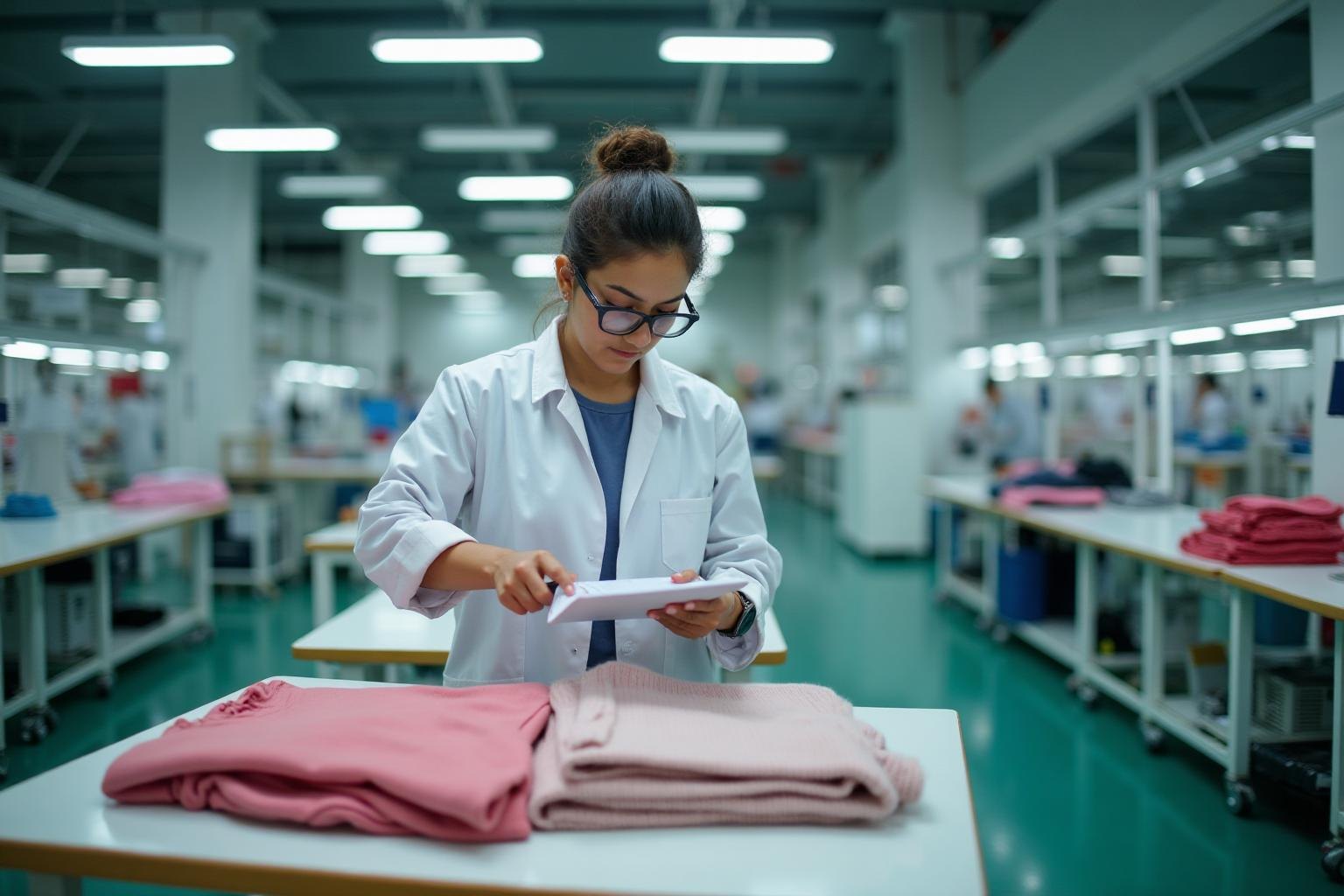 Quality inspector checking folded garments in an apparel factory