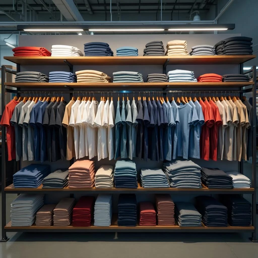 Finished custom apparel on a rack in a garment factory showroom