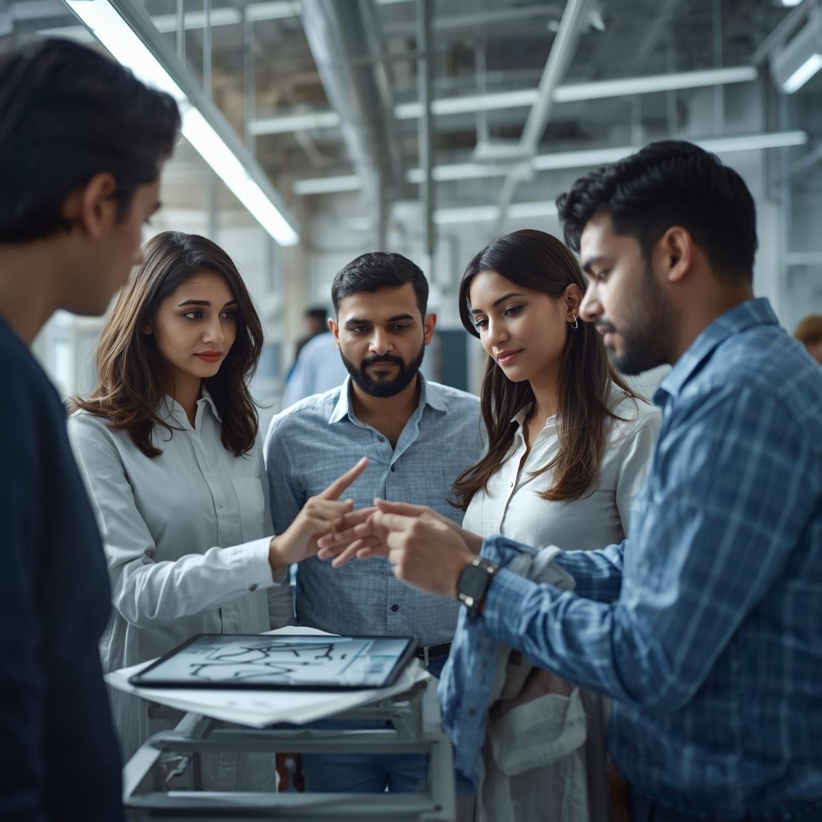 Development team reviewing a tech pack against a sample