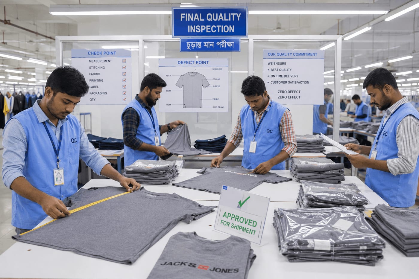 Final inspection of finished garments before export packing