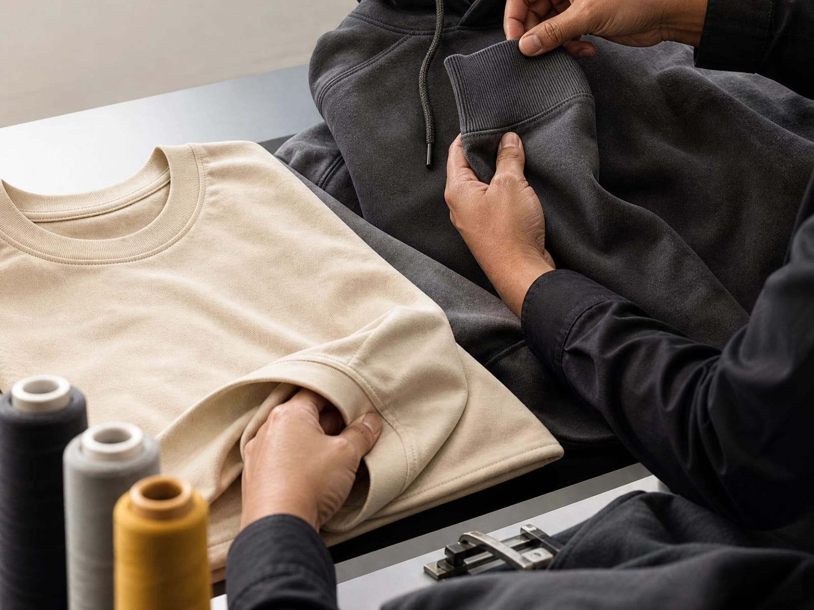 Hands folding a short run of sweatshirts beside thread cones