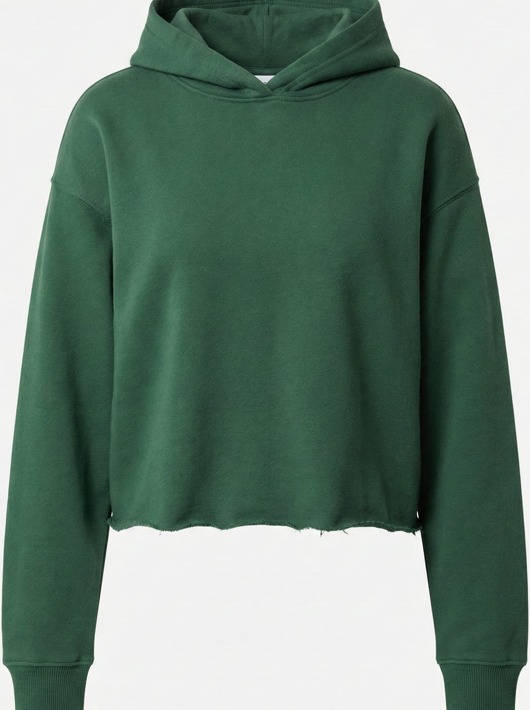 Forest-green cropped hoodie with raw hem