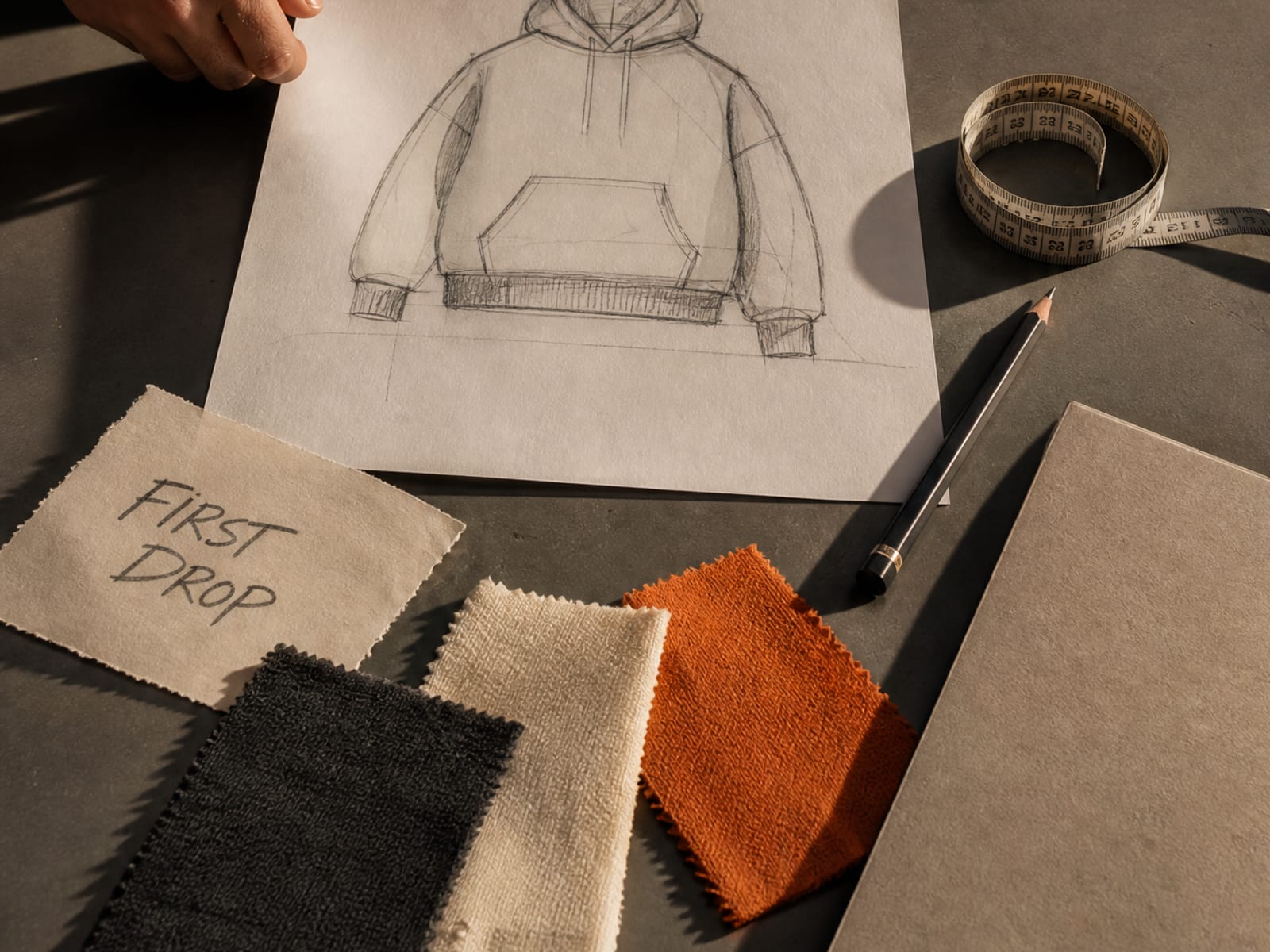Custom hoodie spec sheet, fabric swatches and measurement tape for apparel tech pack