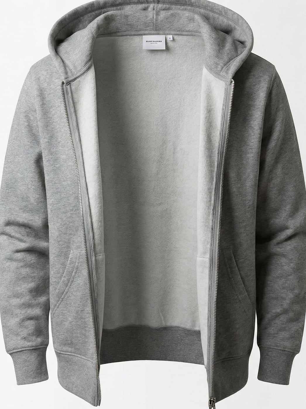 Grey zip hoodie showing lined hood construction