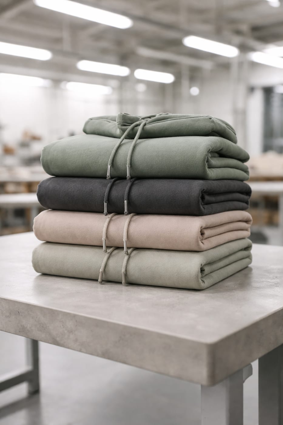 Folded stack of finished heavyweight hoodies