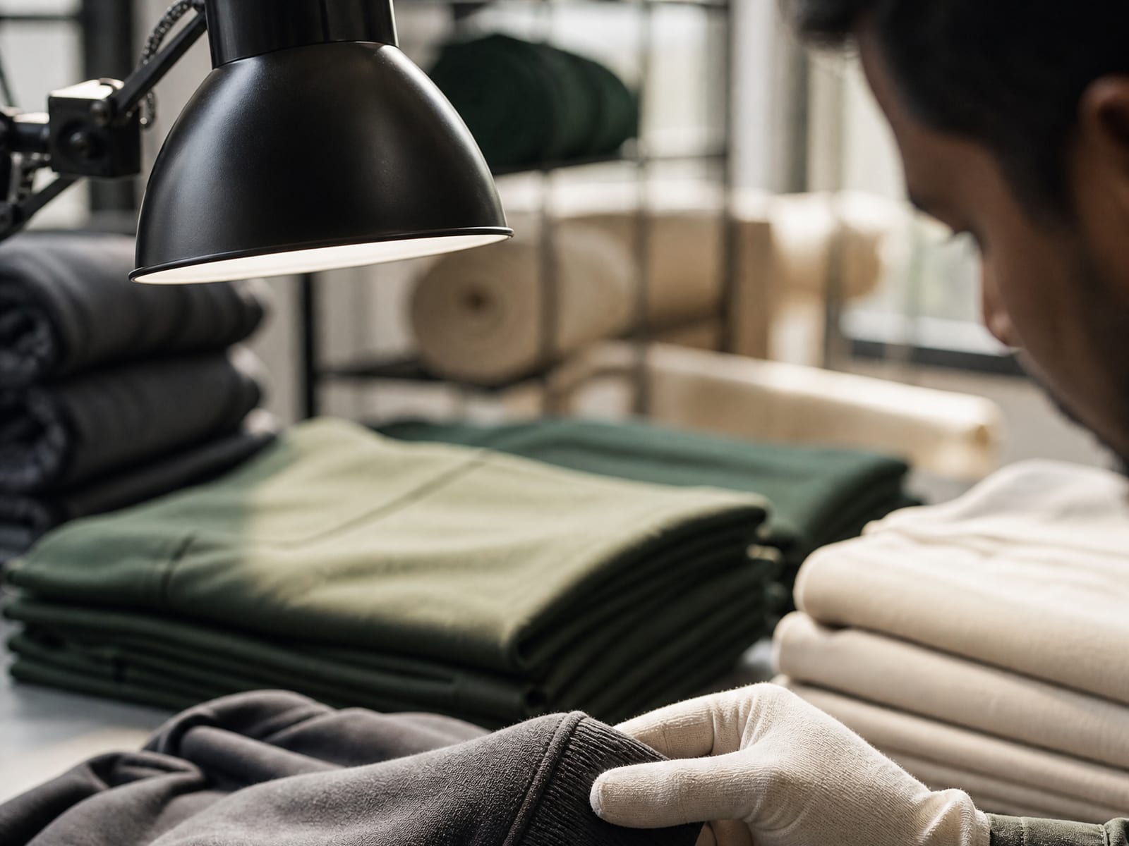 An inspector in cotton gloves checking folded knitwear under an inspection lamp