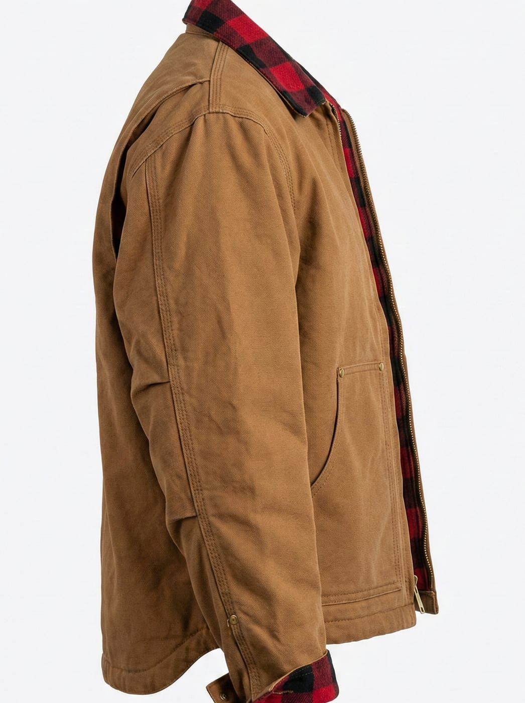 Canvas work jacket with flannel lining, side view