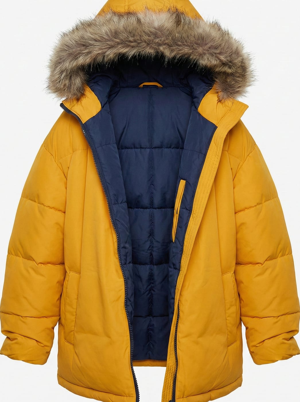 Yellow padded parka with faux-fur trimmed hood