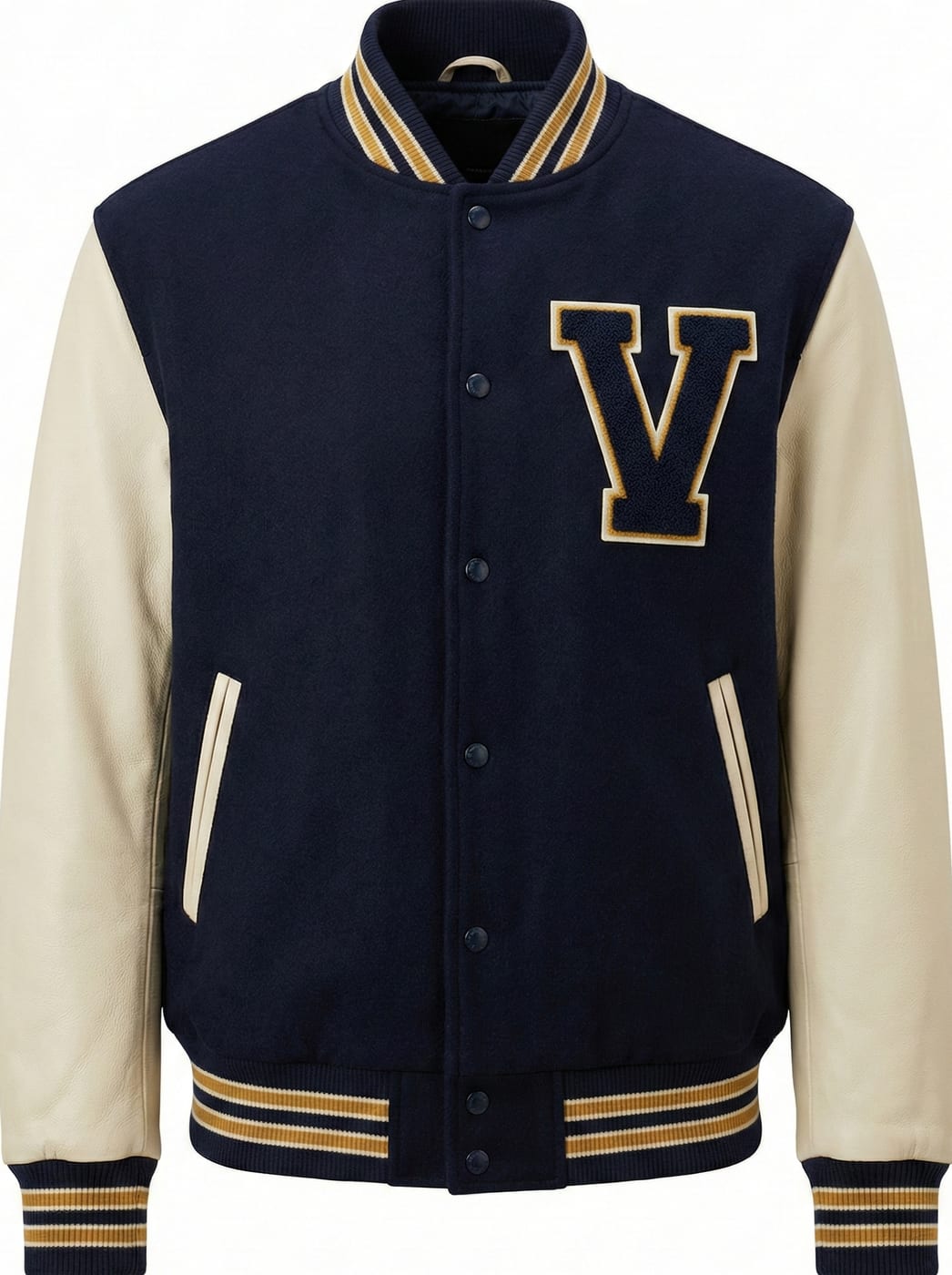 Navy and cream wool varsity jacket with chenille patch