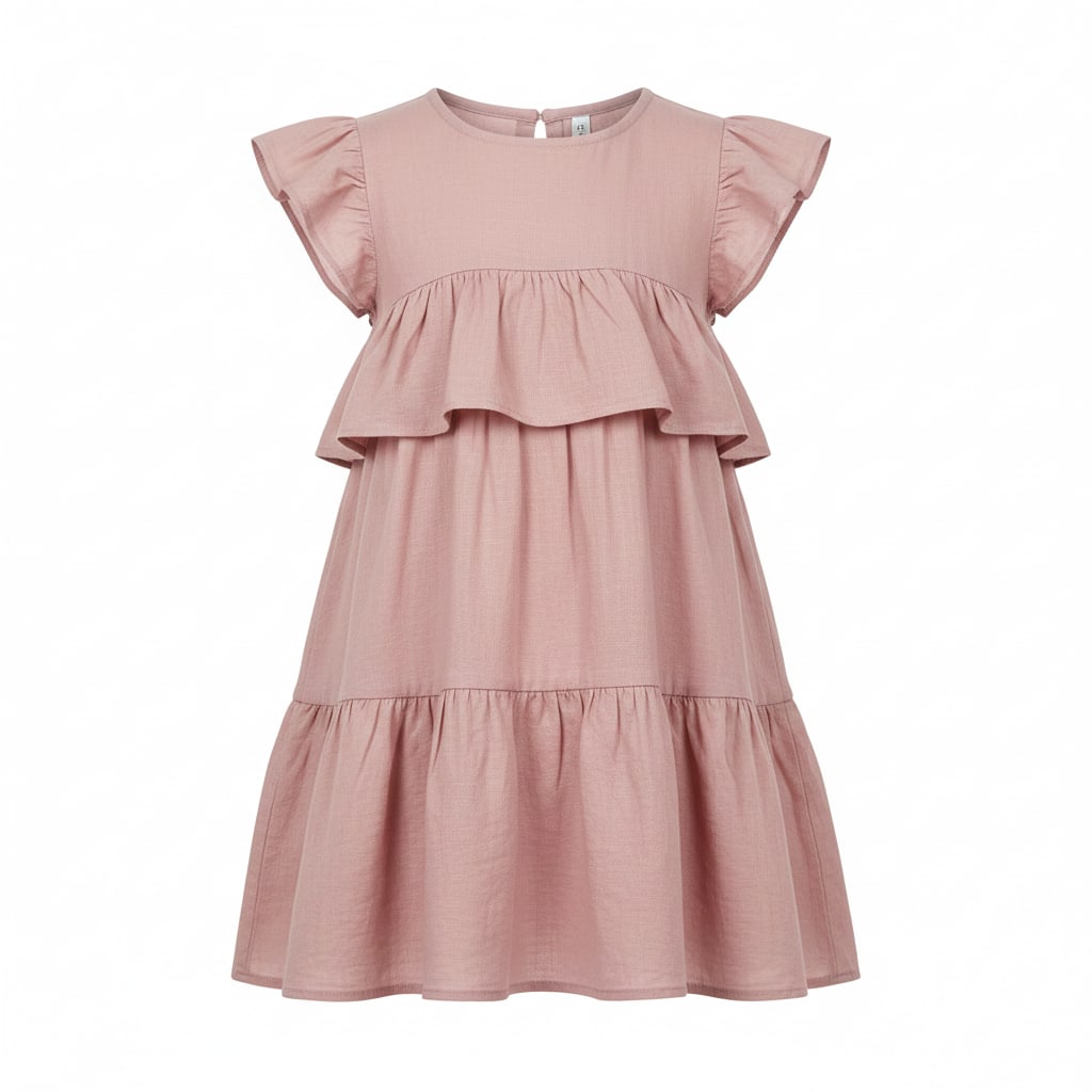 Dusty-pink tiered woven cotton kids’ dress with flutter sleeves