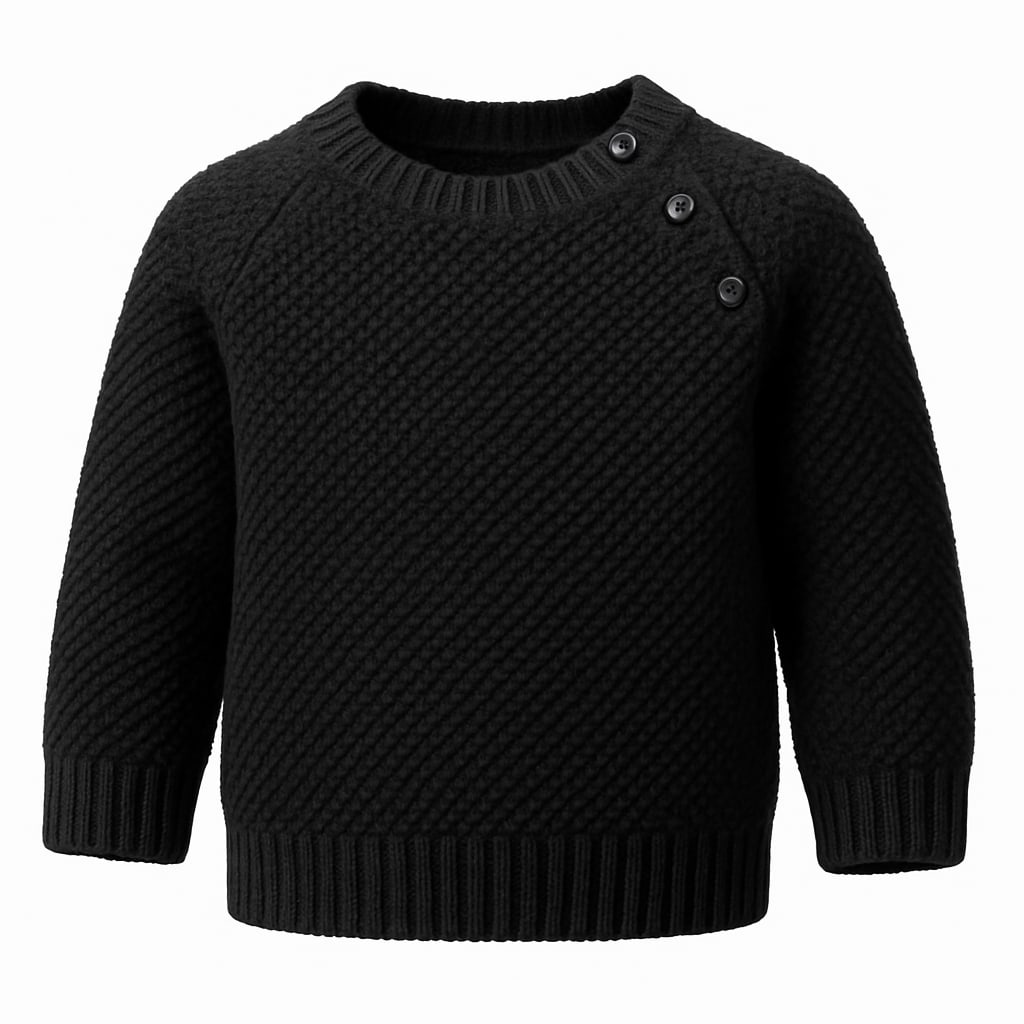 Black moss-stitch children’s sweater with buttoned shoulder