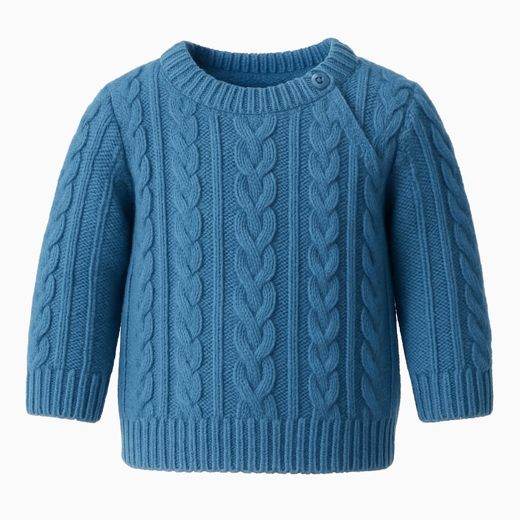 Blue cable-knit children’s sweater with buttoned shoulder