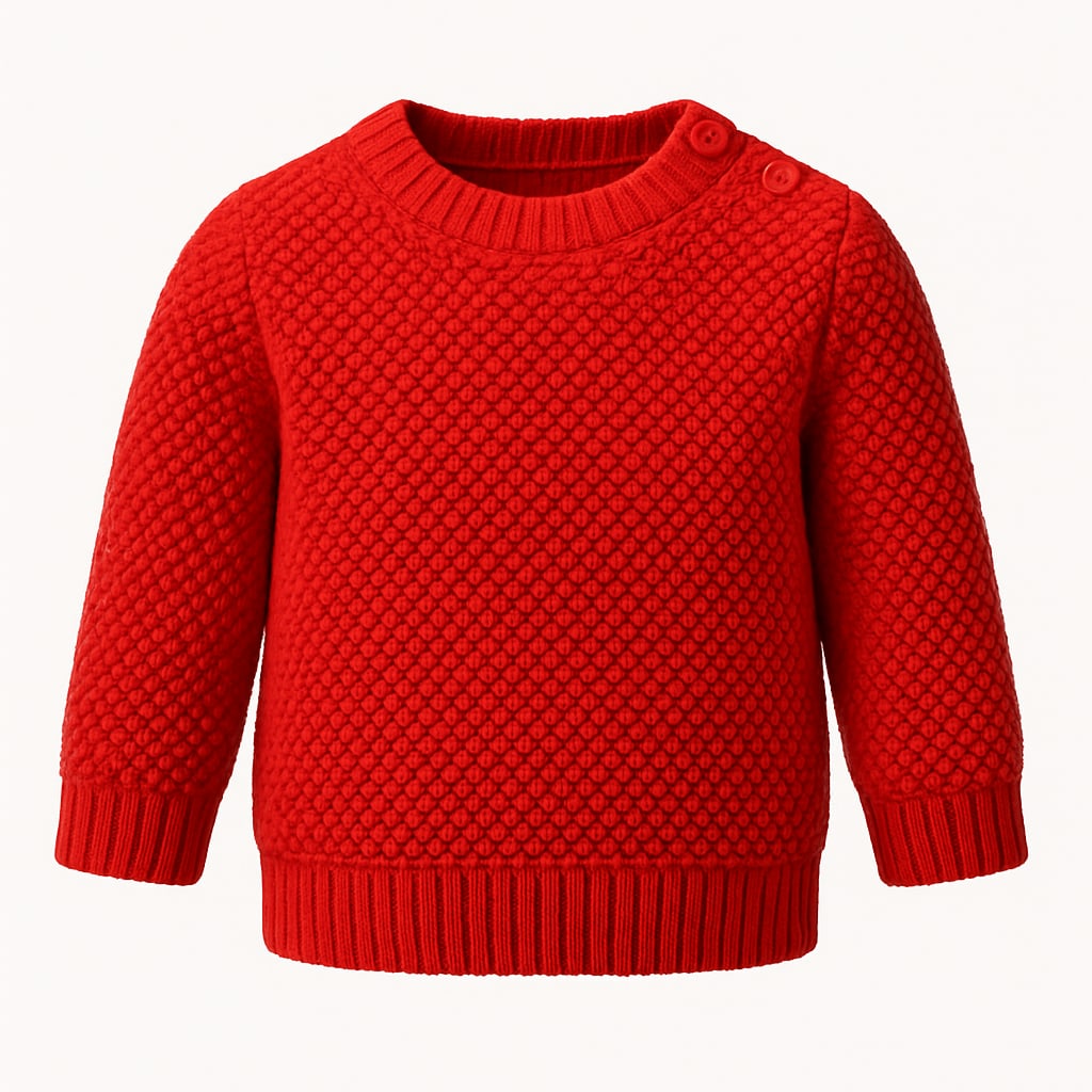 Red honeycomb-stitch children’s sweater with buttoned shoulder
