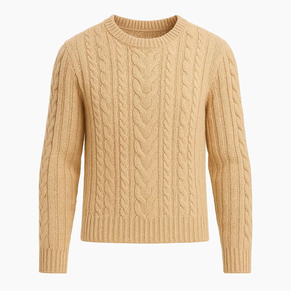 Tan cable-knit crewneck sweater