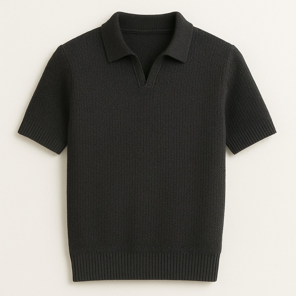 Black textured-knit short-sleeve polo