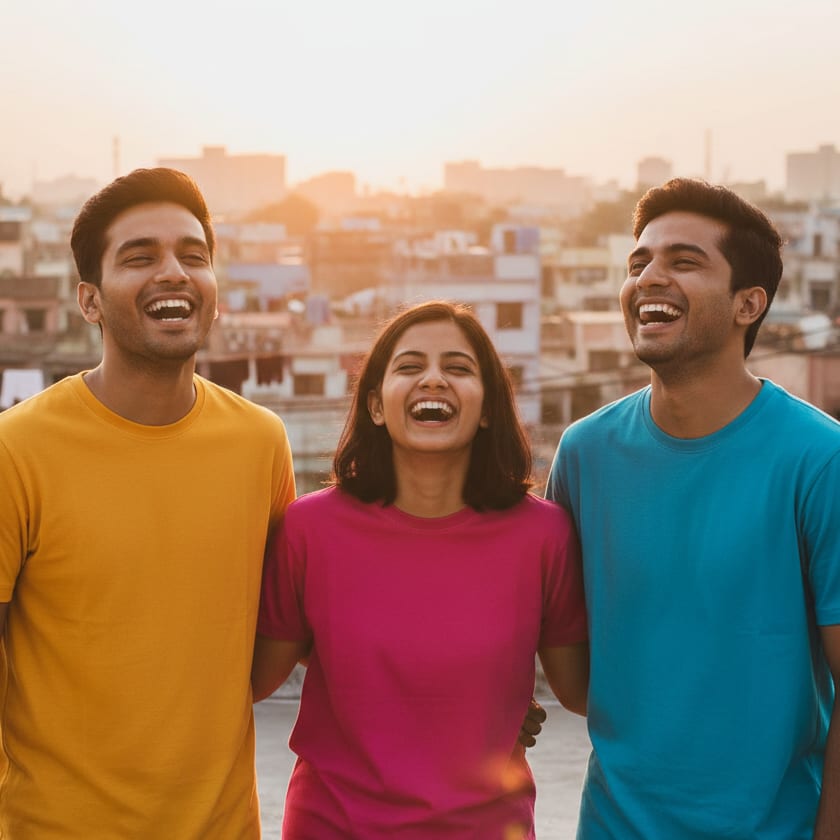 Group wearing branded event t-shirts in bright colours