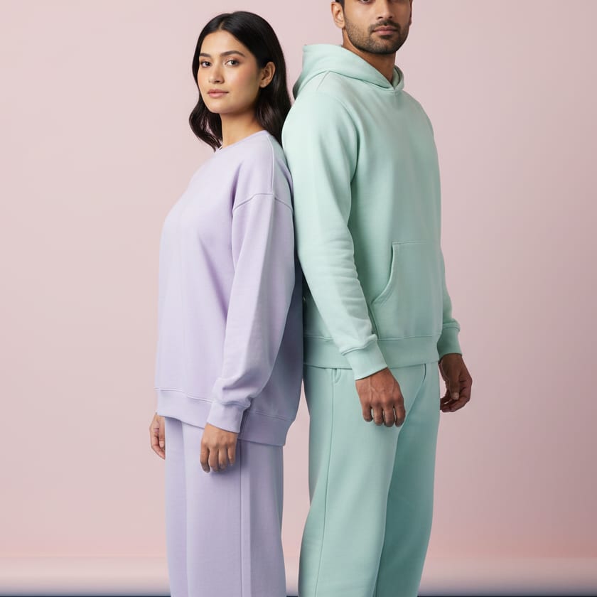 Pair wearing matching pastel loungewear sets