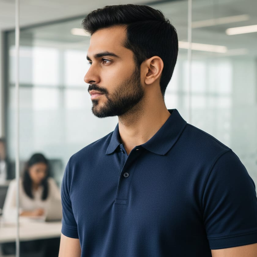 Employee wearing a branded navy polo in an office