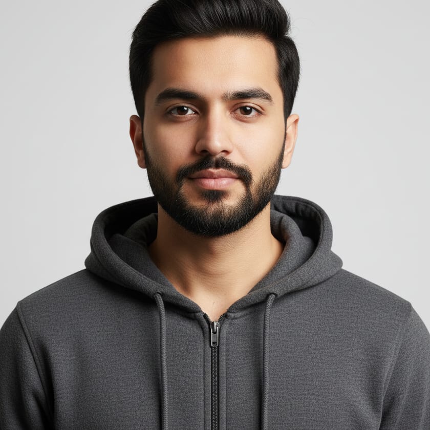 Model wearing a grey zip-through hoodie