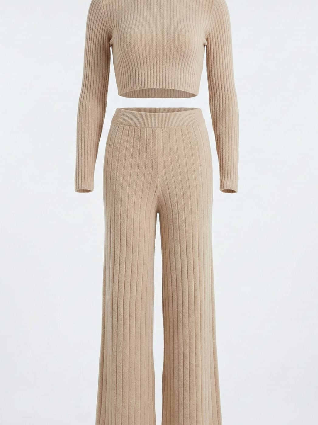 Ribbed-knit top and wide-leg trouser loungewear set
