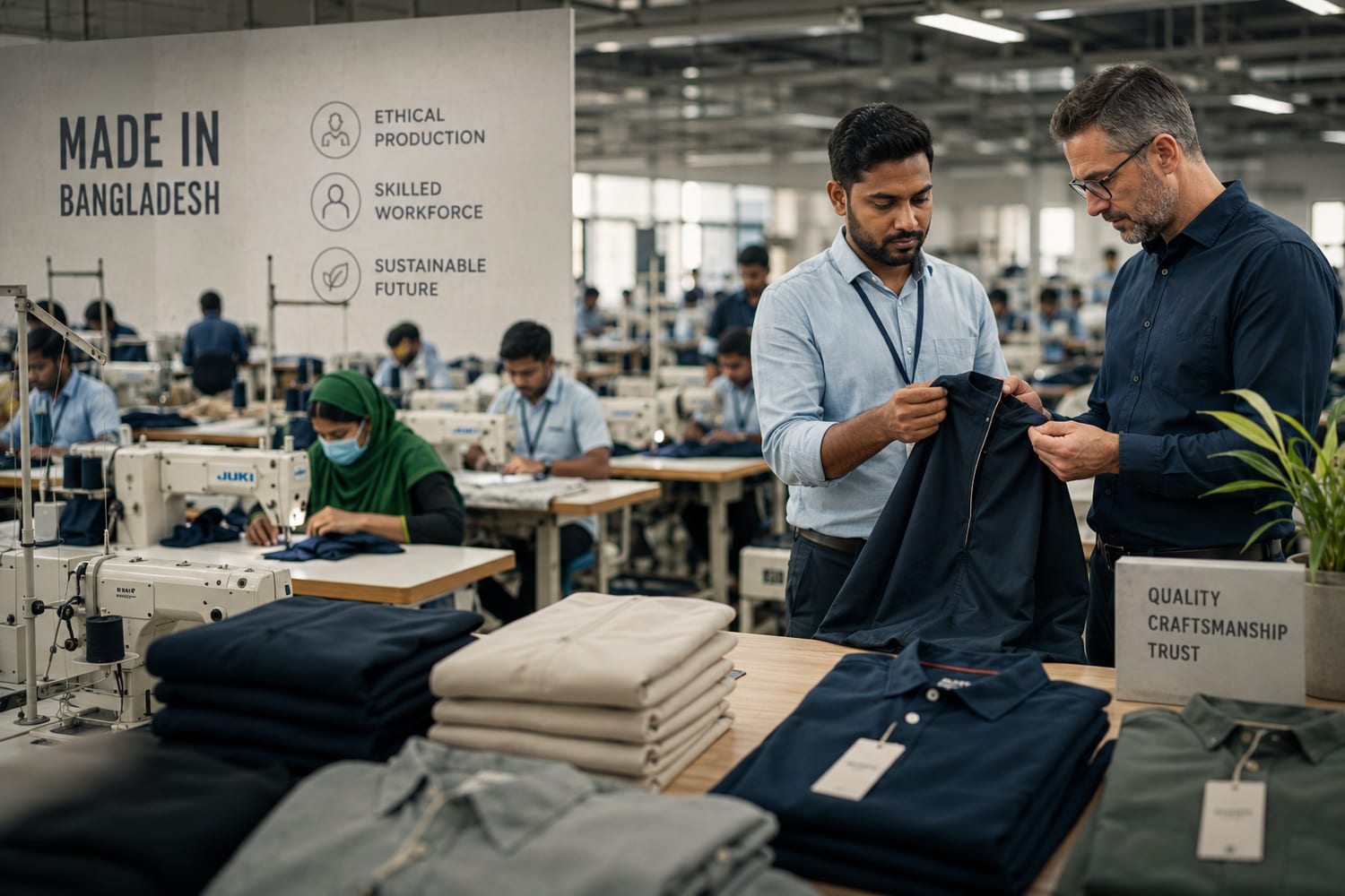 A buyer and production manager inspecting a garment on the Sleek Apparels factory floor, beside a Made in Bangladesh wall