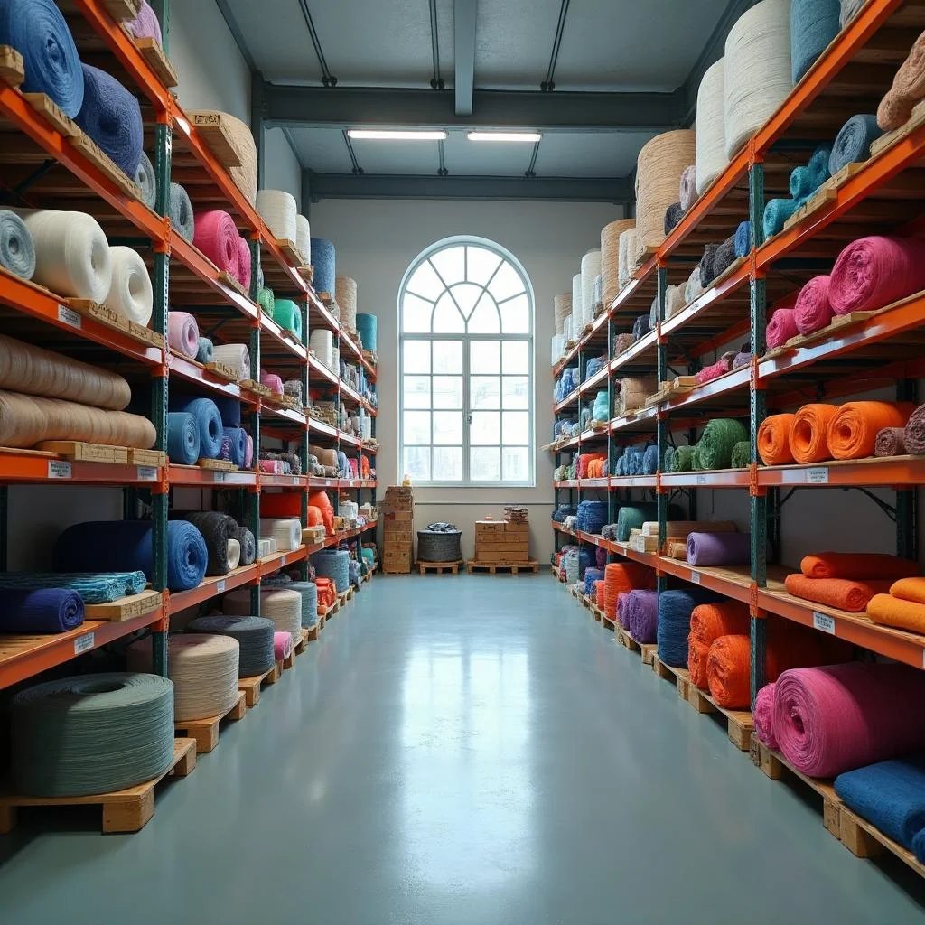 Rolls of woven fabric on warehouse shelves