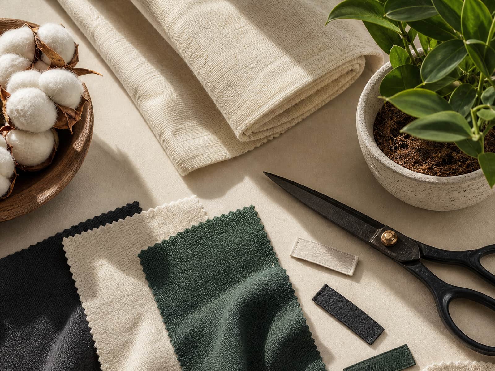 Undyed cotton cloth, raw cotton bolls and natural-fibre swatches