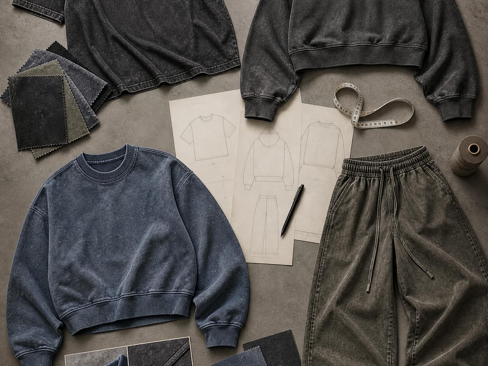 Flat pattern sketches laid between finished washed sweatshirts and trousers