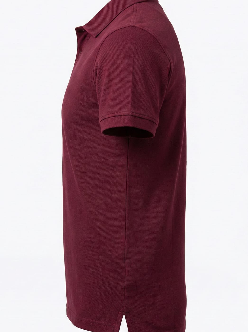 Burgundy piqué polo, side profile