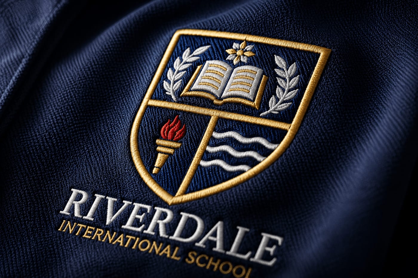 Close-up of an embroidered school crest on a polo shirt