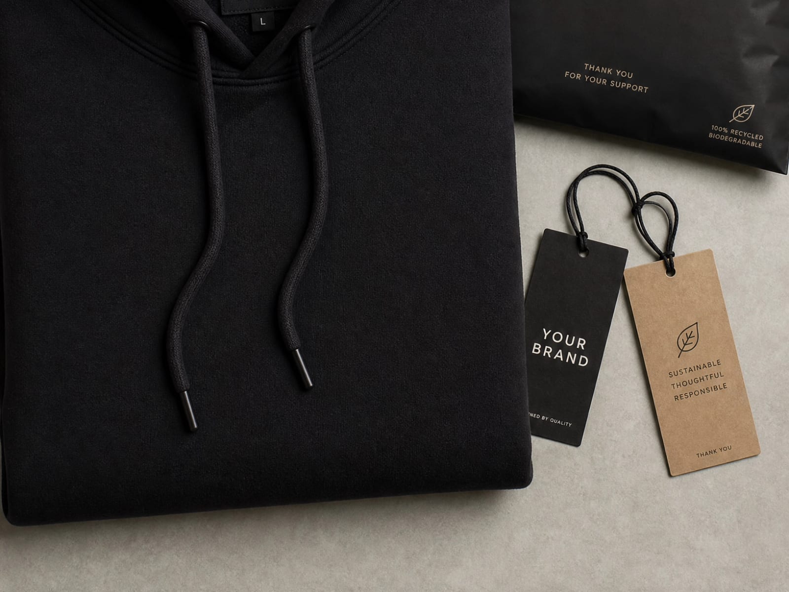 Blank black hoodie laid out with unbranded hang tags and a recycled mailer