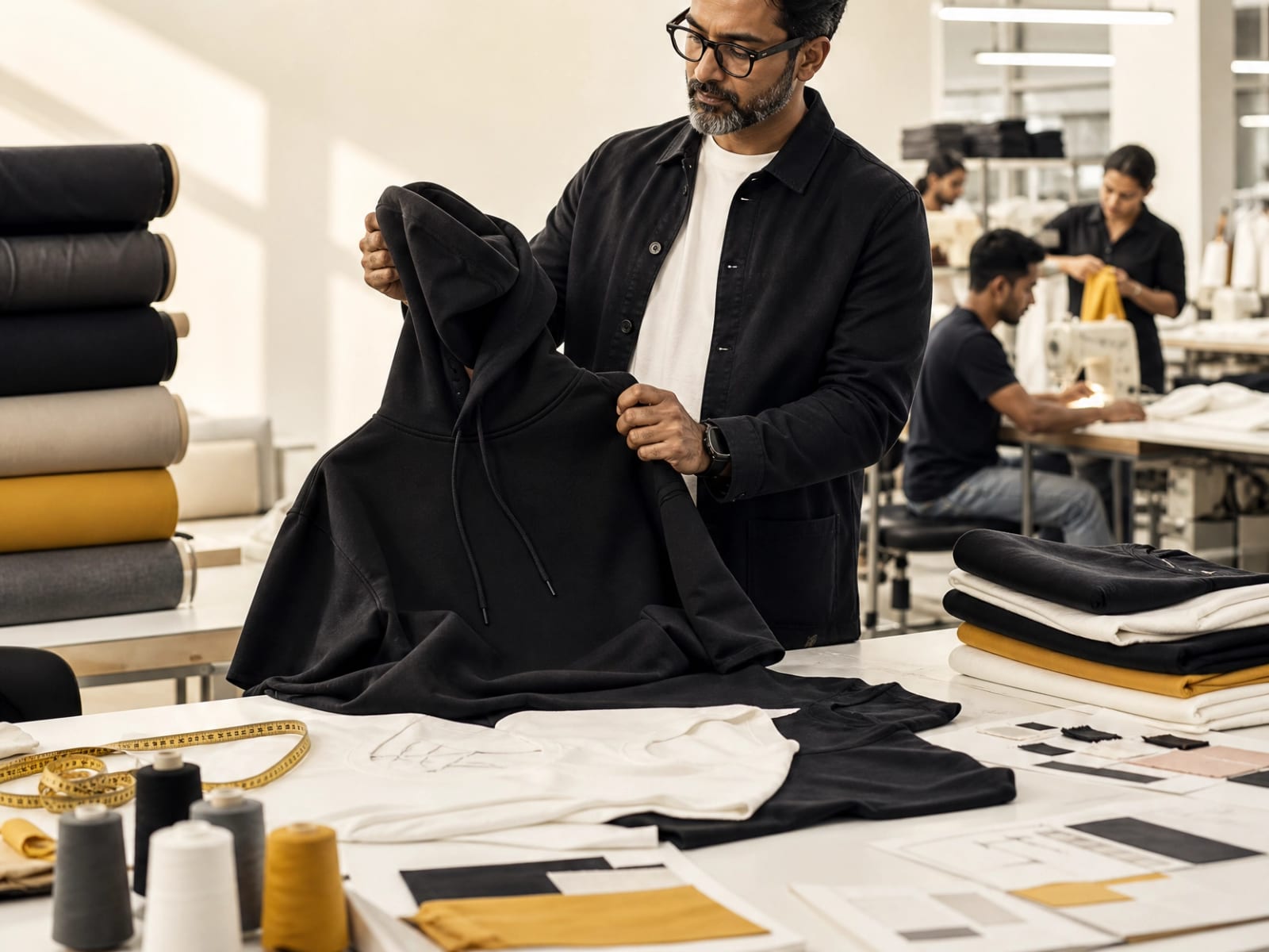 Apparel merchandiser reviewing custom t-shirt and hoodie samples at Sleek Apparels