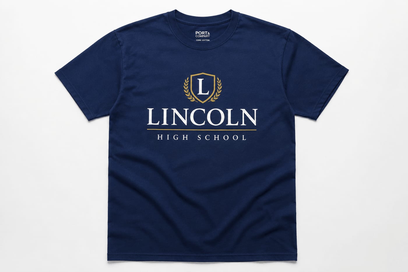 Navy school t-shirt with a printed school crest