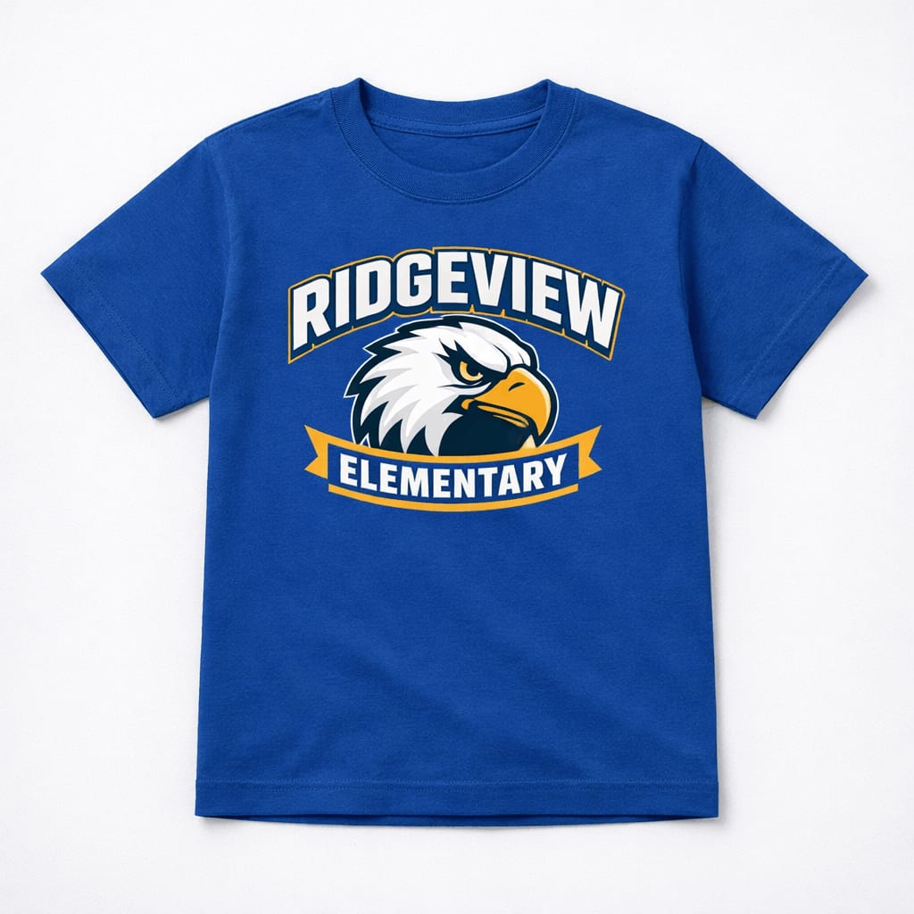 Royal-blue school t-shirt with a full-colour printed crest