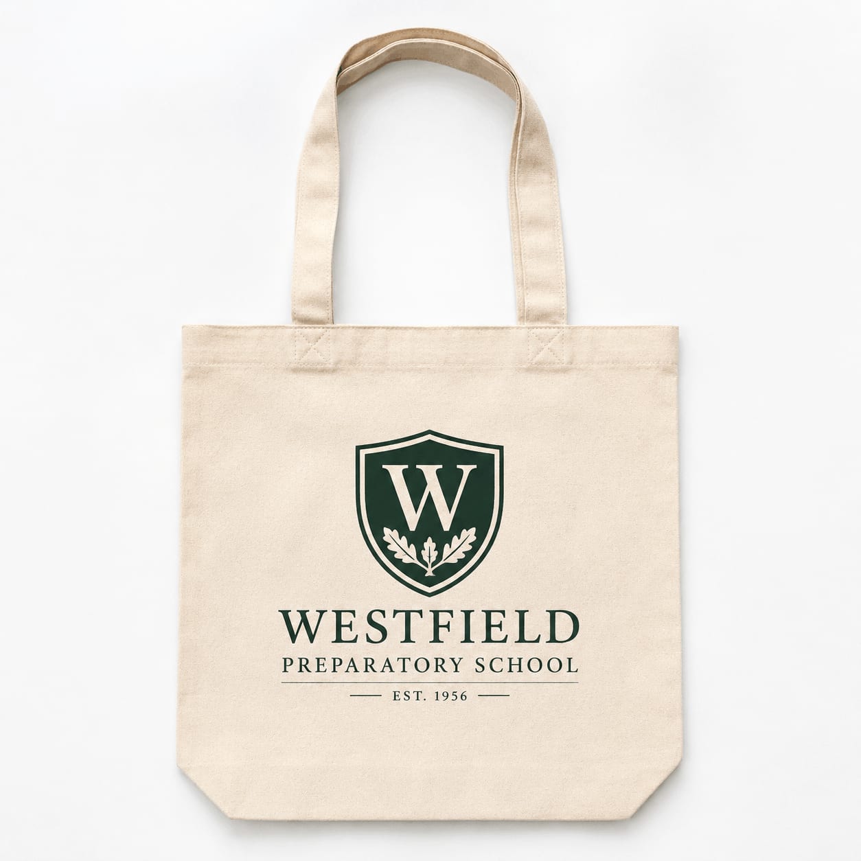 Canvas school tote bag with a printed academy crest
