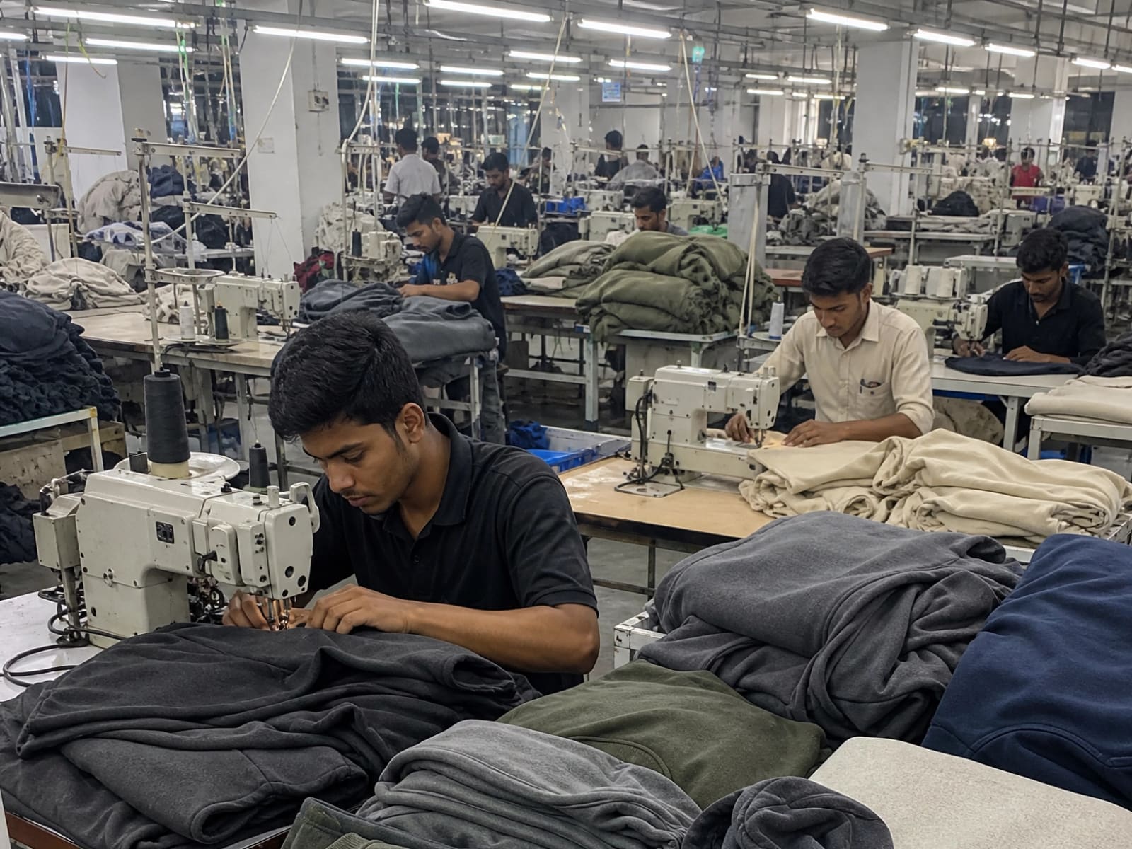 Operators running fleece garments along a sewing line