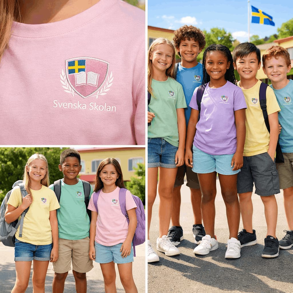 Skol-t-shirt med broderat skolmärke i skolans färger